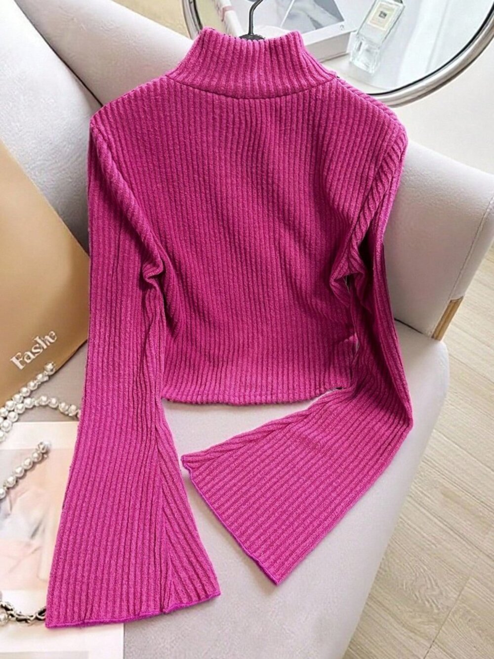 Hot Pink Casual Women's Long Sleeve Ribbed Knit Top - Picture 2 of 4
